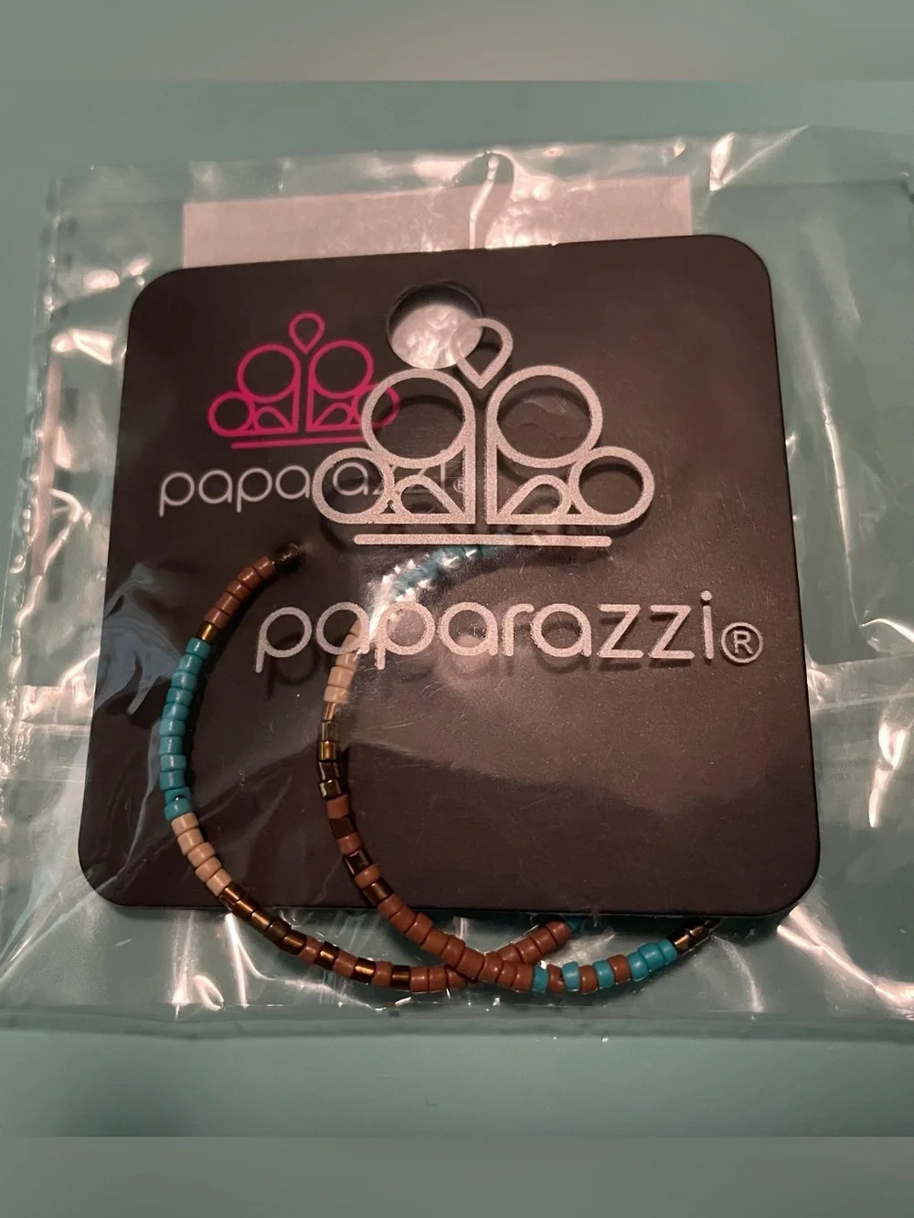 Paparazzi Turquoise Brown and Gold Seed Bead Hoop Earrings
